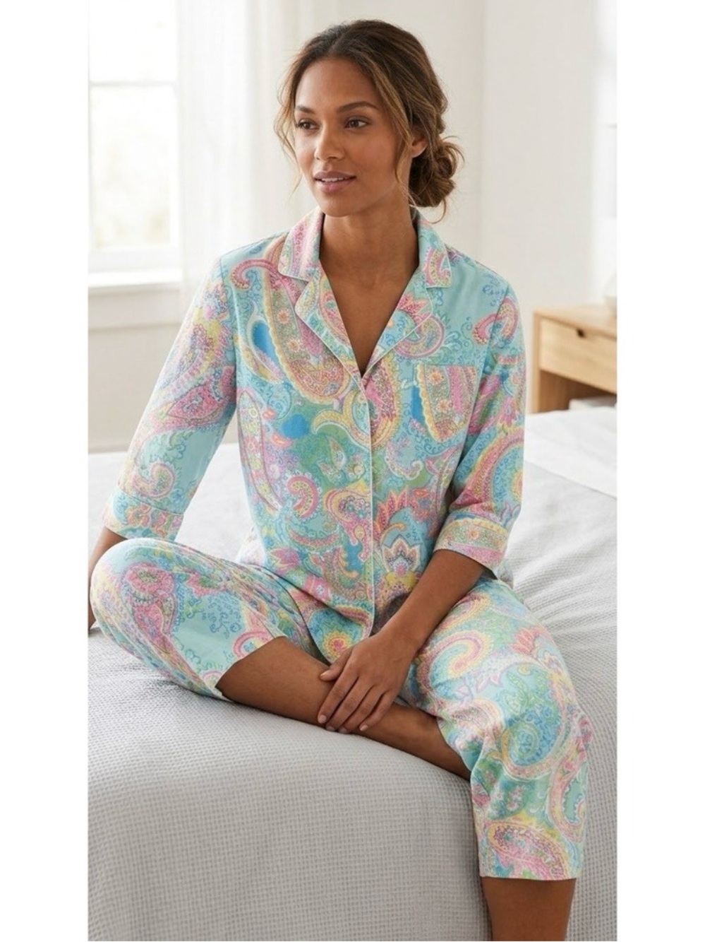 NWT Lauren Ralph Lauren 3/4 Sleeve Cotton Notch Collar Capri Pant Pajama Set XL